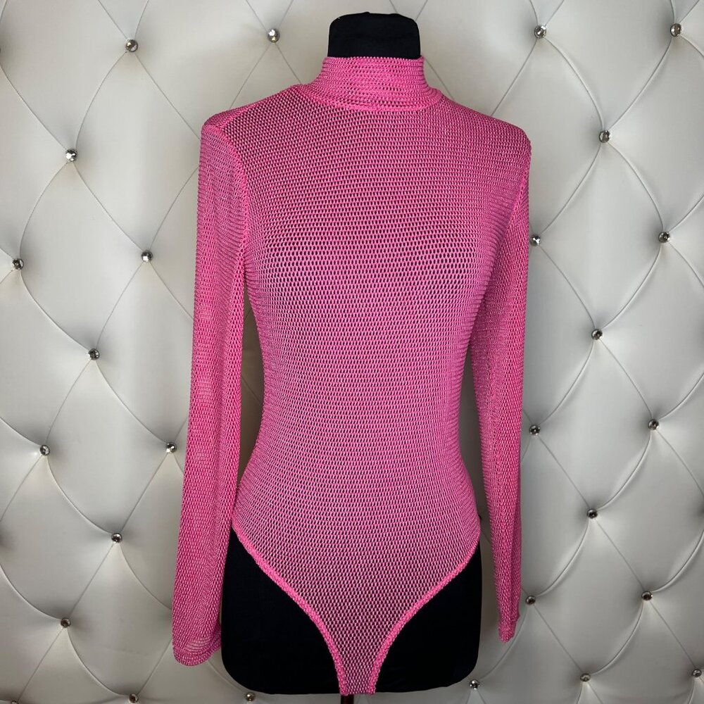 Top Chic Pink Mesh Turtleneck Bodysuit Size M